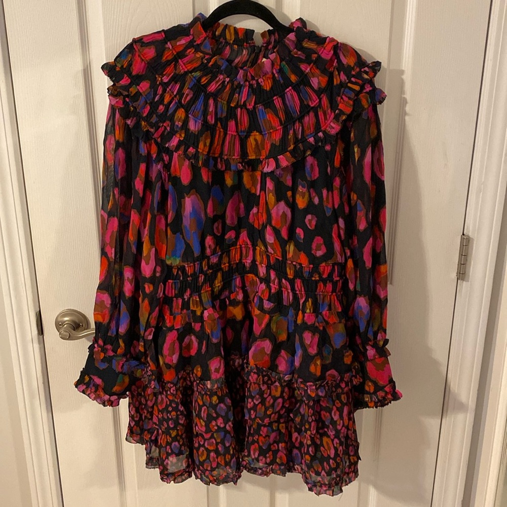 Farm Rio Iridescent Leopards Black Ruffled Mini Dress NWT